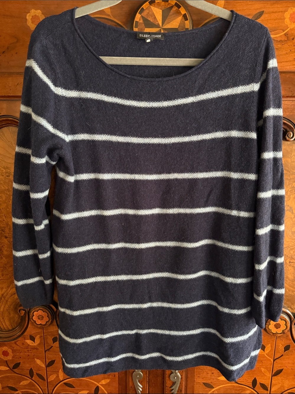 Eileen Fisher Navy Crewneck Sweater with White Stripes Size MED